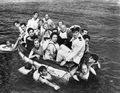 David Langton, Tyrone Power, Gordon Jackson, Mai Zetterling, Moira Lister, Stephen Boyd, on-set of the Film, Abandon Ship!" (aka Seven Waves Away), 1957