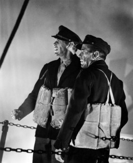 Raymond Massey and Humphrey Bogart, on-set of the Film, "Action in the North Atlantic", 1943