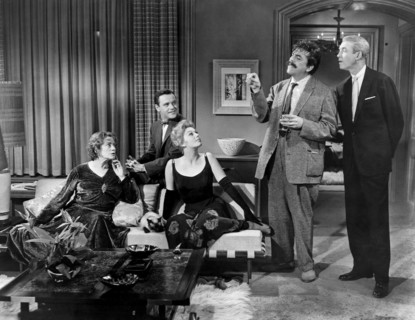 Elsa Lanchester, Jack Lemmon, Kim Novak, Ernie Kovacs, James Stewart, on-set of the Film, "Bell, Book and Candle", 1958