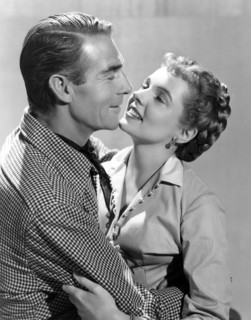 Randolph Scott, Jane Wyatt, on-set of the Film "Canadian Pacific", 1949