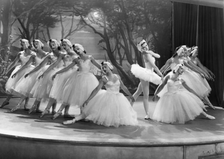 Moira Shearer, (standing, right of center), on-set of the Film "The Red Shoes", 1948