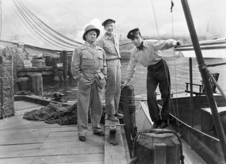 Walter Sande, Walter Brennan, Humphrey Bogart, on-set of the Film "To Have and Have Not" 1944