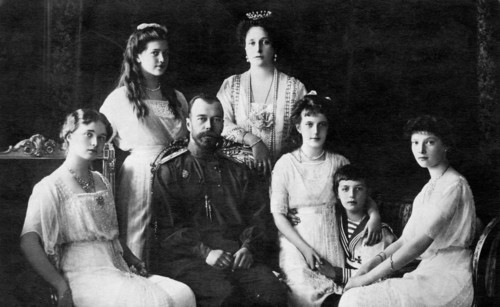 Nicholas II, Czar of Russia, with (left to right), Olga, Maria, Czarina Alexandra, Anastasia, Alexei, Tatiana, ca. 1914