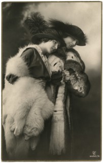 Portrait of Two Women in Fashionable Feather Hats and Fur Stoles, French Postcard, 1914