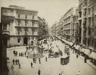Street Scene, Via Roma (now Toledo) with Statue of Carlo Poerio, Naples, Italy, Albumen Print, circa 1880
