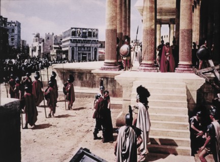 Roy Mangano (left) as Jesus after being Condemned by Pontius Pilot, on-set of the Film "Barabbas", 1961
