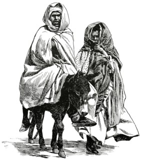 Man and Woman Traveling with Donkey, Oran, Algeria, Africa, "Classical Portfolio of Primitive Carriers", by Marshall M. Kirman, World Railway Publ. Co., Illustration, 1895