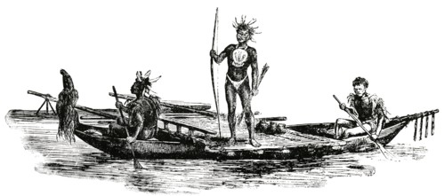 Warriors with Weapons on Canoes, New Guinea, "Classical Portfolio of Primitive Carriers", by Marshall M. Kirman, World Railway Publ. Co., Illustration, 1895