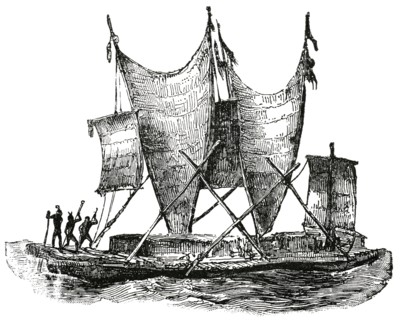 Water Craft Consisting of House Built on Canoe, New Guinea, "Classical Portfolio of Primitive Carriers", by Marshall M. Kirman, World Railway Publ. Co., Illustration, 1895