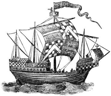 English Ship, British Isles, 1482, "Classical Portfolio of Primitive Carriers", by Marshall M. Kirman, World Railway Publ. Co., Illustration, 1895