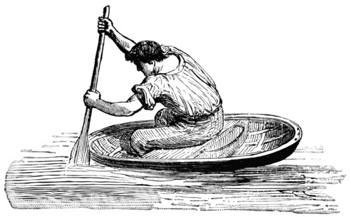 Man Paddling Coracle, Wales, "Classical Portfolio of Primitive Carriers", by Marshall M. Kirman, World Railway Publ. Co., Illustration, 1895
