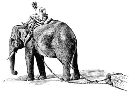 Elephant Pulling Timber, Rangoon, Burma, "Classical Portfolio of Primitive Carriers", by Marshall M. Kirman, World Railway Publ. Co., Illustration, 1895