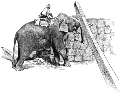 Elephant Raising Timber, Rangoon, Burma, "Classical Portfolio of Primitive Carriers", by Marshall M. Kirman, World Railway Publ. Co., Illustration, 1895
