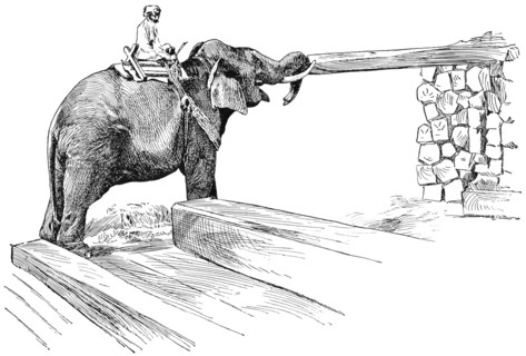 Elephant Completing Work of Piling Timber, Rangoon, Burma, "Classical Portfolio of Primitive Carriers", by Marshall M. Kirman, World Railway Publ. Co., Illustration, 1895