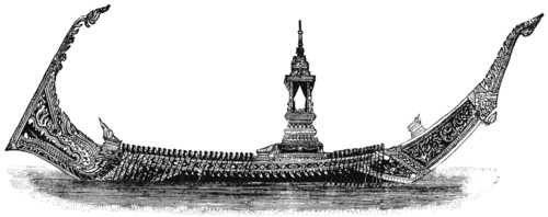 Highly Ornamented Barge, with Forty Rowers on Each Side, Used by King of Siam, 1855, "Classical Portfolio of Primitive Carriers", by Marshall M. Kirman, World Railway Publ. Co., Illustration, 1895