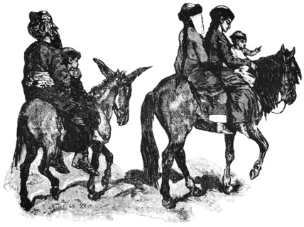 Family Traveling on Horse and Donkey, Chinese Turkestan, Central Asia, "Classical Portfolio of Primitive Carriers", by Marshall M. Kirman, World Railway Publ. Co., Illustration, 1895