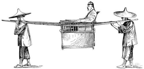Traveler in Open Palanquin, China, "Classical Portfolio of Primitive Carriers", by Marshall M. Kirman, World Railway Publ. Co., Illustration, 1895