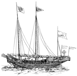 Side View of Chinese Junk, "Classical Portfolio of Primitive Carriers", by Marshall M. Kirman, World Railway Publ. Co., Illustration, 1895