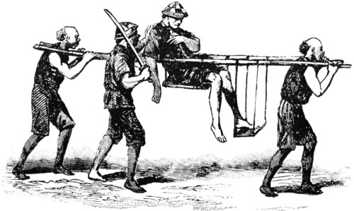 Carrying a Wounded Soldier, China, "Classical Portfolio of Primitive Carriers", by Marshall M. Kirman, World Railway Publ. Co., Illustration, 1895