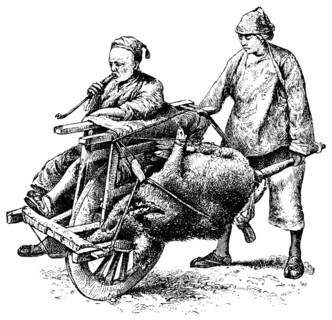 Man and Dead Animal Being Transported on Single-Wheel Cart, China, "Classical Portfolio of Primitive Carriers", by Marshall M. Kirman, World Railway Publ. Co., Illustration, 1895