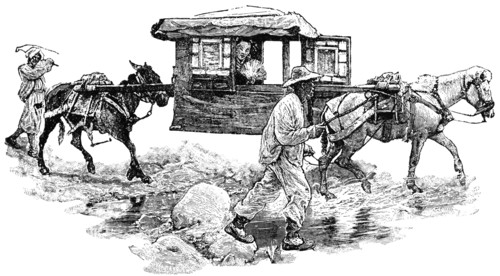 Litter Being Transported by Horses, China, "Classical Portfolio of Primitive Carriers", by Marshall M. Kirman, World Railway Publ. Co., Illustration, 1895