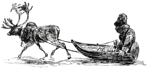 Reindeer Pulling Carriage in Lapland, "Classical Portfolio of Primitive Carriers", by Marshall M. Kirman, World Railway Publ. Co., Illustration, 1895