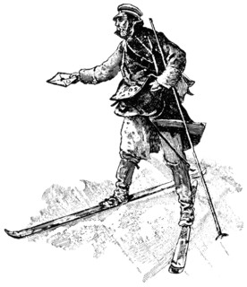 Postman on Skies, Norway, "Classical Portfolio of Primitive Carriers", by Marshall M. Kirman, World Railway Publ. Co., Illustration, 1895