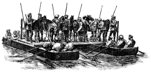 Russian Troops Crossing Danube River, "Classical Portfolio of Primitive Carriers", by Marshall M. Kirman, World Railway Publ. Co., Illustration, 1895