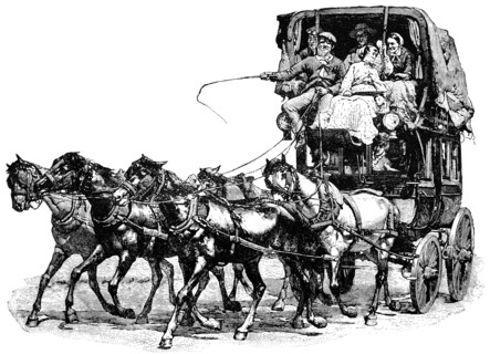 Horse-Drawn Diligence, Pyrenees Mountains, France, "Classical Portfolio of Primitive Carriers", by Marshall M. Kirman, World Railway Publ. Co., Illustration, 1895