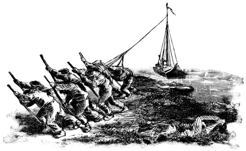 Men Hauling Vessel, Germany, "Classical Portfolio of Primitive Carriers", by Marshall M. Kirman, World Railway Publ. Co., Illustration, 1895