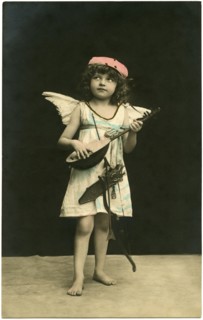 Young Winged Cherub with Lute, Bow & Arrow, French Postcard, circa 1922