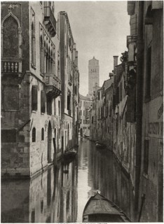 Typical Venetian Canal, Leaning Tower of Santo Stefano in Background, Venice, Italy, Illustration circa 1910
