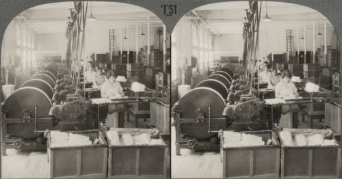 First Drawing or Straightening of Fibers, Silk Industry (Spun Silk), So. Manchester Conn., Stereo Card, circa 1914
