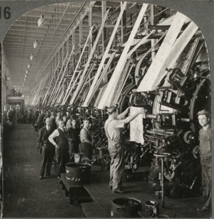 General View in Large Printing Room of Cotton Mills, Lawrence, Mass., Single Image of Stereo Card, circa 1916