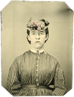 Portrait of Adult Woman in Hat and Striped Dress, Hand-Colored Photography, circa 1870