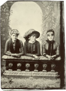 Portrait of Three Adult Women, Kneeling Against Stone Bannister, circa 1870