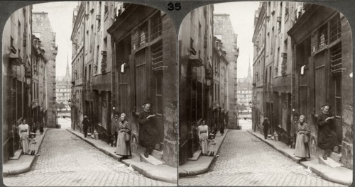 Narrow Street in Old Latin Quarter, Notre Dame in distance, Paris, France, Underwood & Underwood, Stereo Card, circa 1900