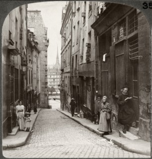 Narrow Street in Old Latin Quarter, Notre Dame in distance, Paris, France, Underwood & Underwood, Single Image of Stereo Card, circa 1900