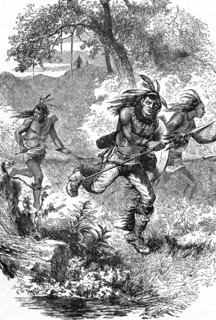 “Flight of the Indians After the Massacre”, Book Illustration from “Indian Horrors or Massacres of the Red Men”, by Henry Davenport Northrop, 1891