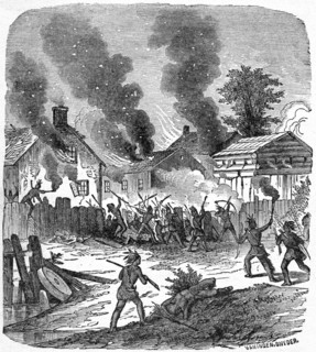 “The Burning of Brookfield by the Indians”, Engraving by Van Ingen Snyder, circa 1860, Book Illustration from “Indian Horrors or Massacres of the Red Men”, by Henry Davenport Northrop, 1891