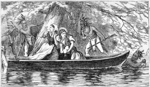 “Capture of the Boone and Galloway Girls”, Kentucky, 14 July 1776, Jemima Boone, Elizabeth Callaway, Frances Gallaway, Book Illustration from “Indian Horrors or Massacres of the Red Men”, by Henry Dav...