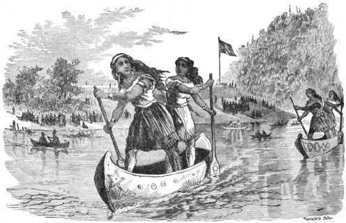 “Indian Amusements, Canoe Race Between Sioux Squaws” Sioux, by Artist S. C. Sharp, Book Illustration from “Indian Horrors or Massacres of the Red Men”, by Henry Davenport Northrop, 1891