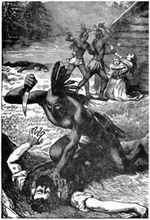 “Massacre of Settlers by the Indians”, tribe and location unspecified, Book Illustration from “Indian Horrors or Massacres of the Red Men”, by Henry Davenport Northrop, 1891