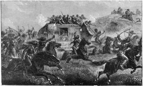 “Attack Upon a United States Mail Coach”, Book Illustration from “Indian Horrors or Massacres of the Red Men”, by Henry Davenport Northrop, 1891