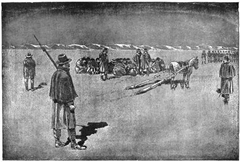 “Band of Hostiles on the Way to Pine Ridge Agency”, established 1889, Book Illustration from “Indian Horrors or Massacres of the Red Men”, by Henry Davenport Northrop, 1891