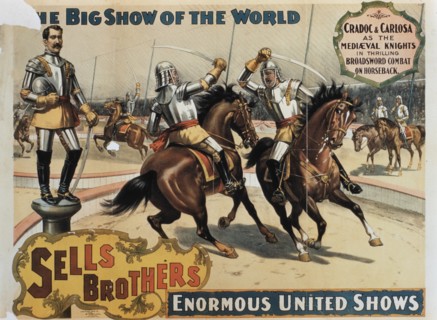 Sells Brothers' Enormous United Shows, Medieval Knights in Combat, Circus Poster, circa 1880's