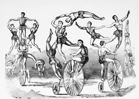 Circus Acrobats and High-Wheel Bicycle Riders, Woodcut, 19th Century