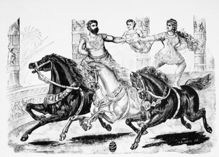Man and Woman Riding Bareback on Horses While Holding Child Between Them, Circus Performance, Engraving, 19th Century