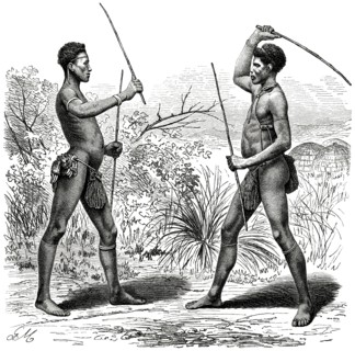 Two Zulu Men in Fencing Game, Africa, Illustration, 1885