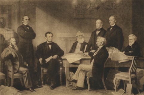 U.S. President Abraham Lincoln and First Reading of the Emancipation Proclamation of 1863, Washington DC, USA, Illustration